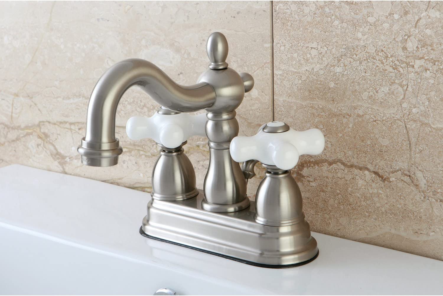 Kingston Brass KB1604PX Heritage 4-Inch Centerset Lavatory Faucet with Porcelain Cross Handle, Polished Chrome and Polished Brass