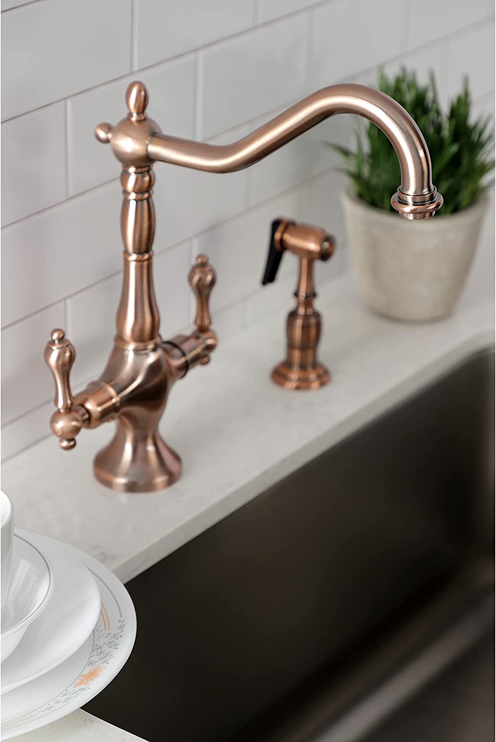 Kingston Brass KS177ALBSAC Heritage Kitchen Faucet, Antique Copper