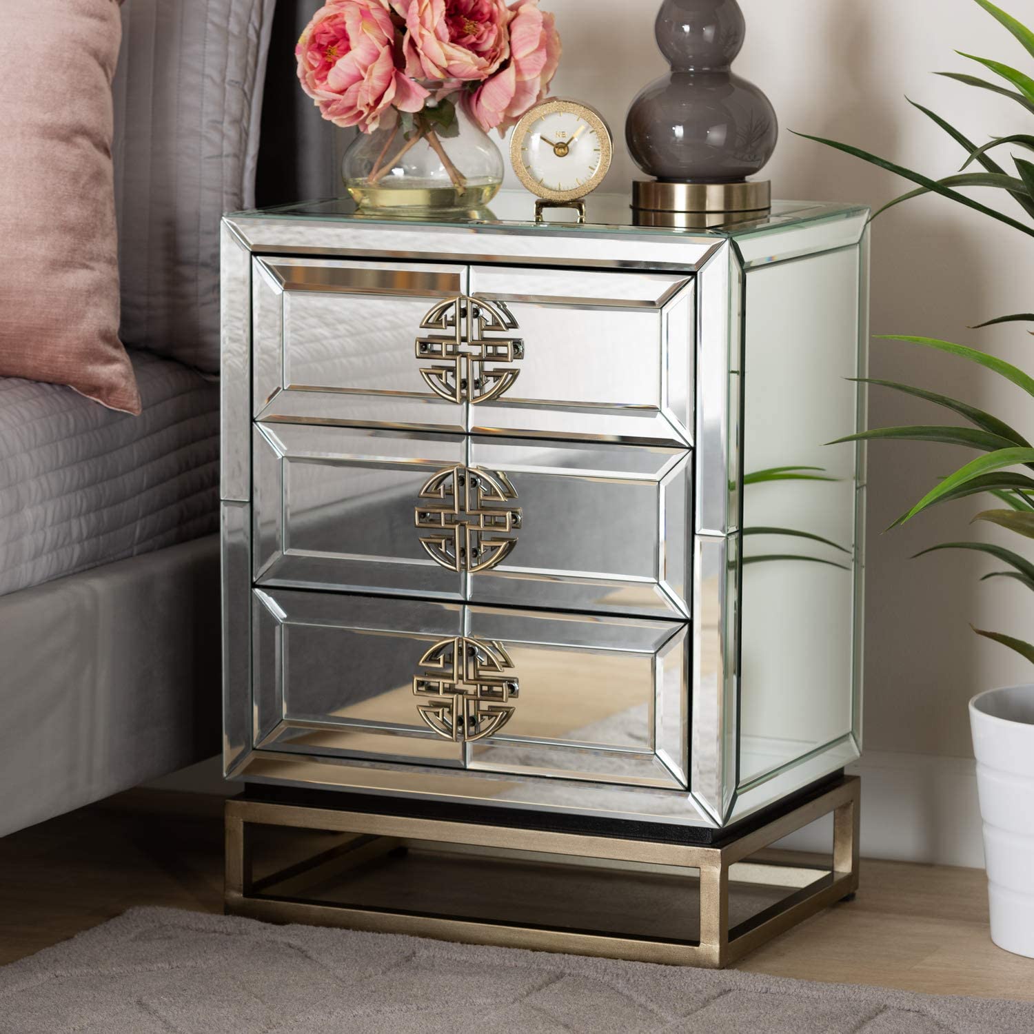 Baxton Studio Laken Contemporary Glam and Luxe Mirrored and Antique Bronze Finished 3-Drawer Nightstand