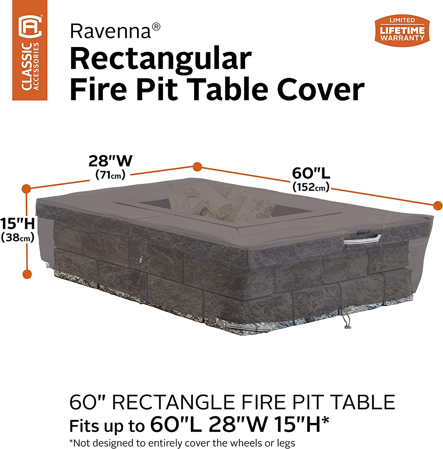 Classic Accessories Ravenna Water-Resistant 60 Inch Rectangular Fire Pit Table Cover, Outdoor Table Cover