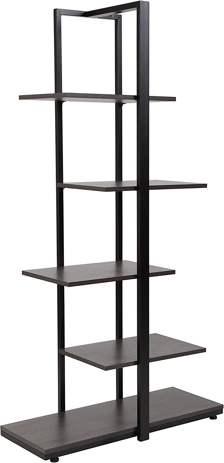 Flash Furniture Homewood Collection 5 Tier Decorative Etagere Storage Display Unit Bookcase with Black Metal Frame in Driftwood Finish