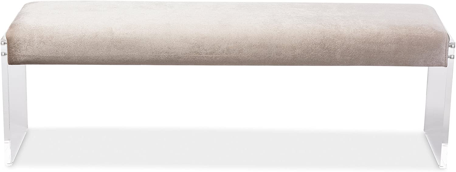 Baxton Studio Hildon Modern and Contemporary Microsuede Fabric Upholstered Luxe Bench with Paneled Acrylic Legs, Beige