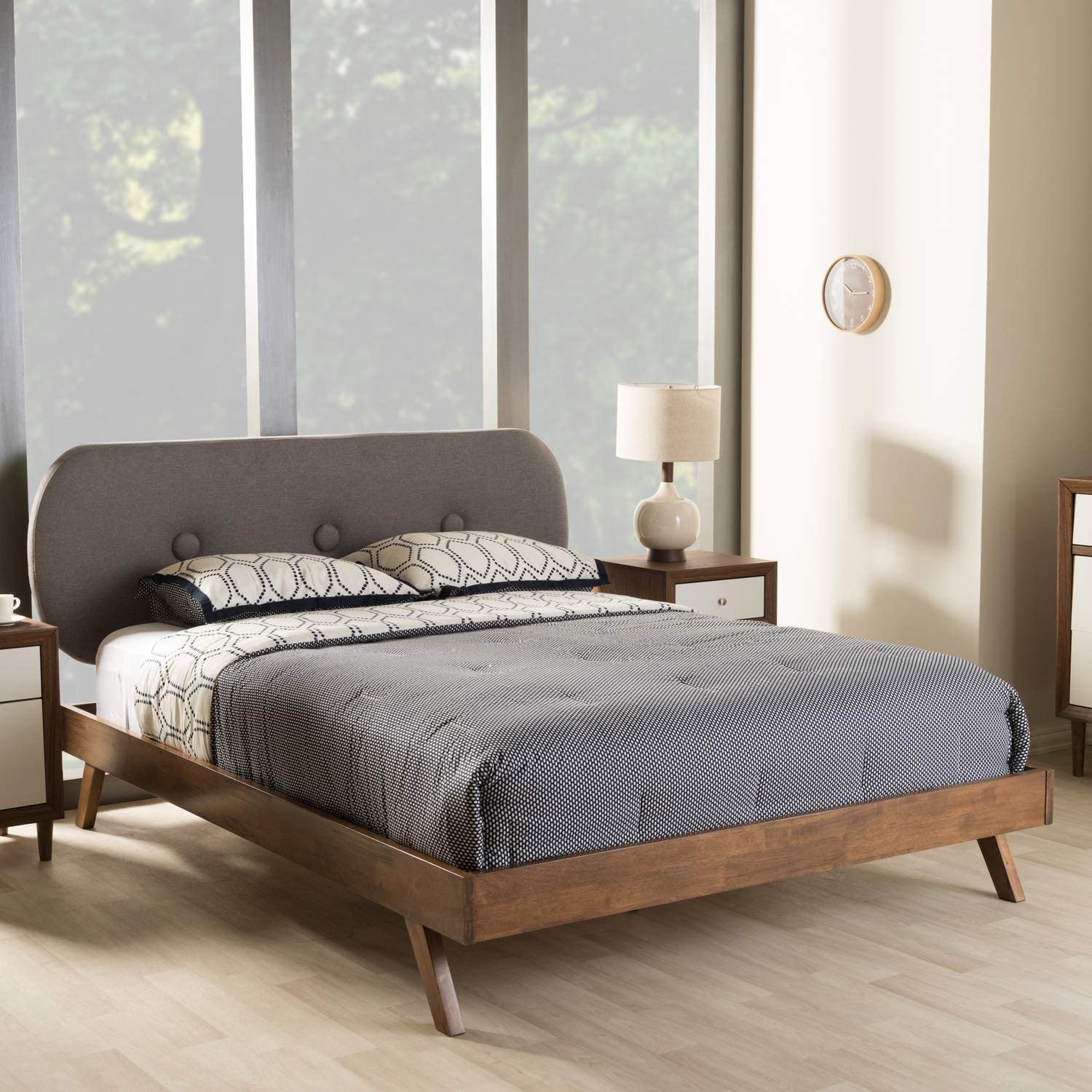 Baxton Studio Penelope Mid-Century Modern Solid Walnut Wood Grey Fabric Upholstered King Size Platform Bed