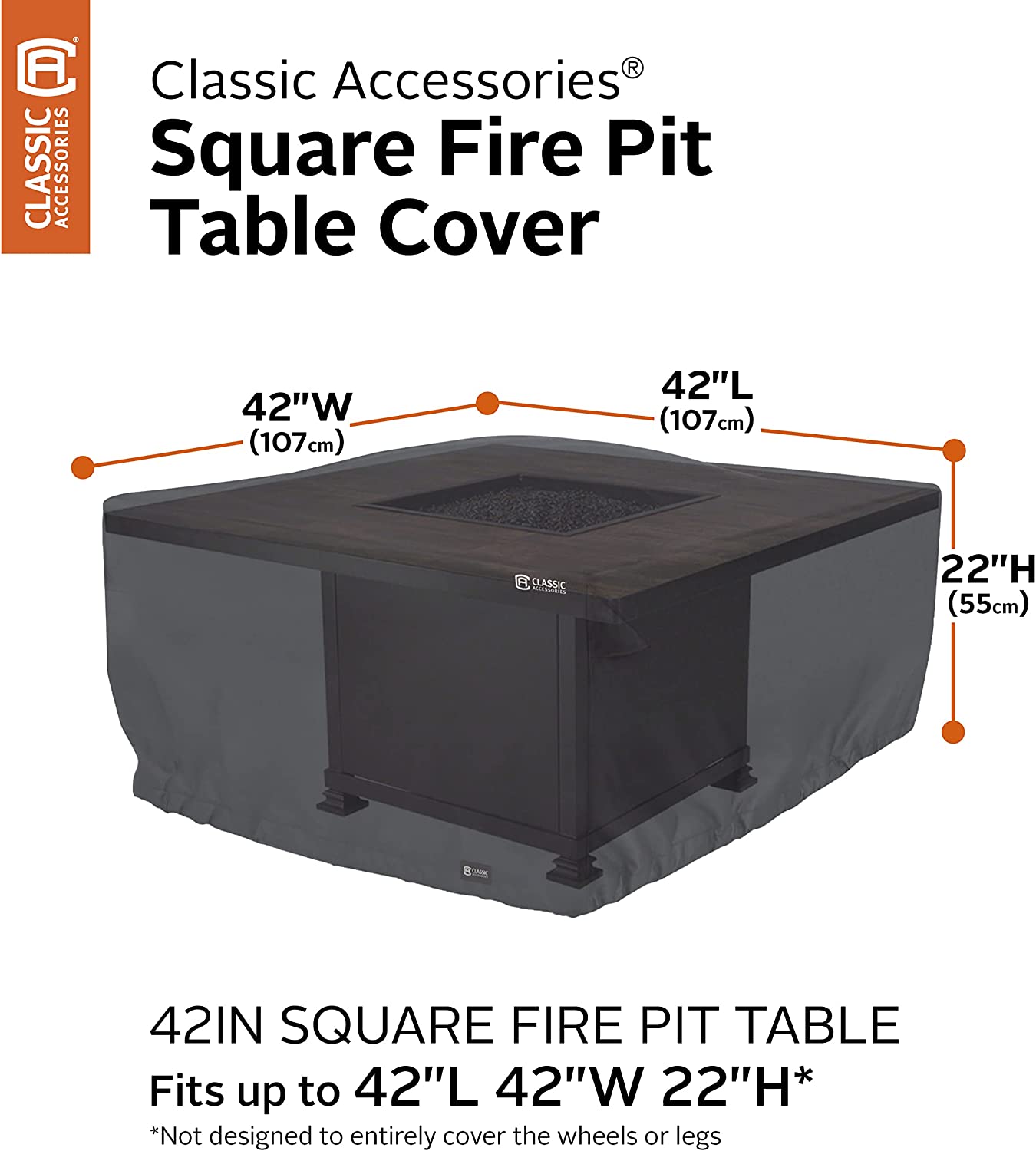 Classic Accessories Water-Resistant 42 Inch Square Fire Pit Table Cover, Outdoor Table Cover