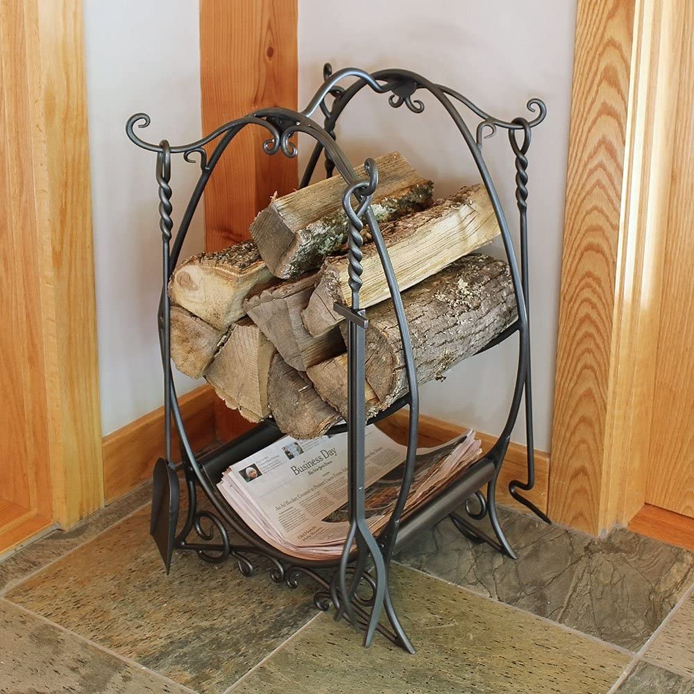 Minuteman International Cottage Wood Firewood Log Holder with Fireplace Tools, Graphite