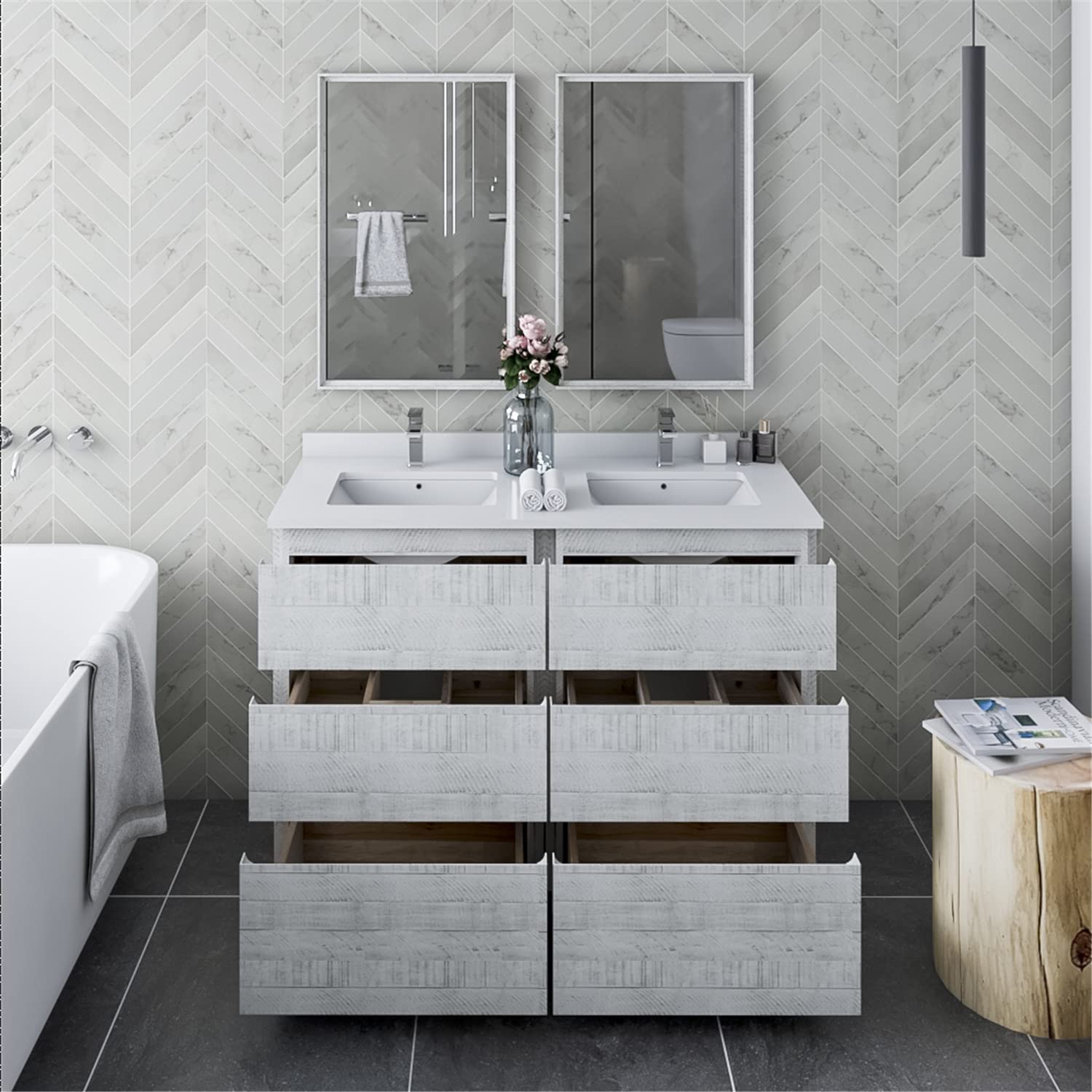 Fresca Formosa 48&#34; Floor Standing Double Sink Modern Bathroom Vanity w/Mirrors in Rustic White