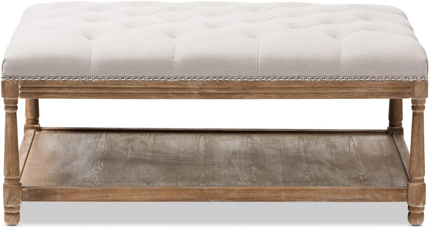 Baxton Studio Carlotta French Country Weathered Oak Beige Linen Rectangular Coffee Table Ottoman