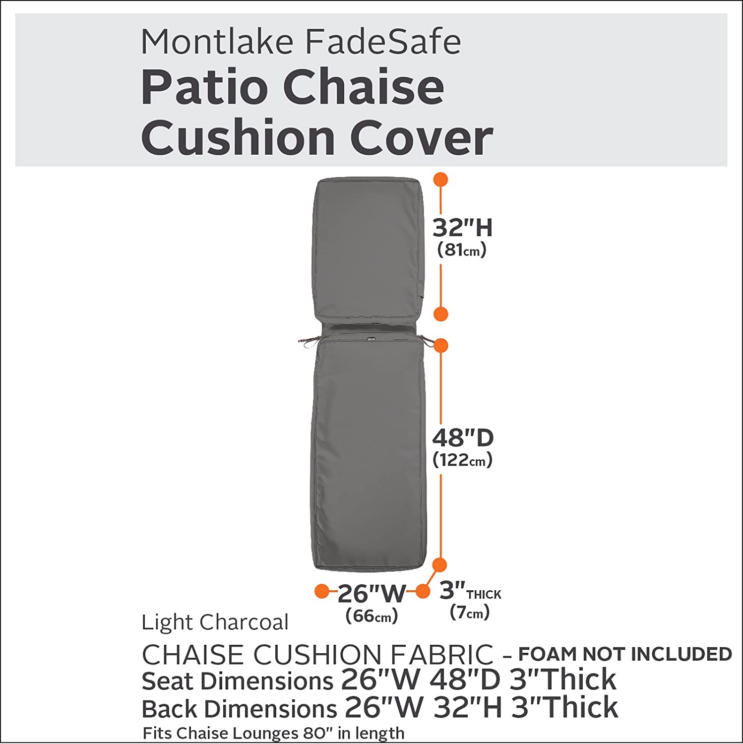 Classic Accessories Montlake Water-Resistant 80 x 26 x 3 Inch Outdoor Chaise Lounge Cushion Slip Cover, Patio Furniture Cushion Cover, Light Charcoal Grey