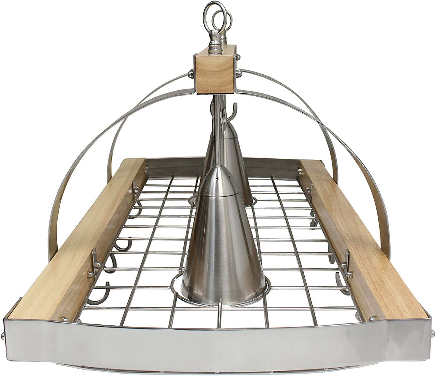 Elegant Designs PR1001-WOD 2 Light Kitchen Wood Pot Rack with Downlights, Wood with Brushed Nickel Accents