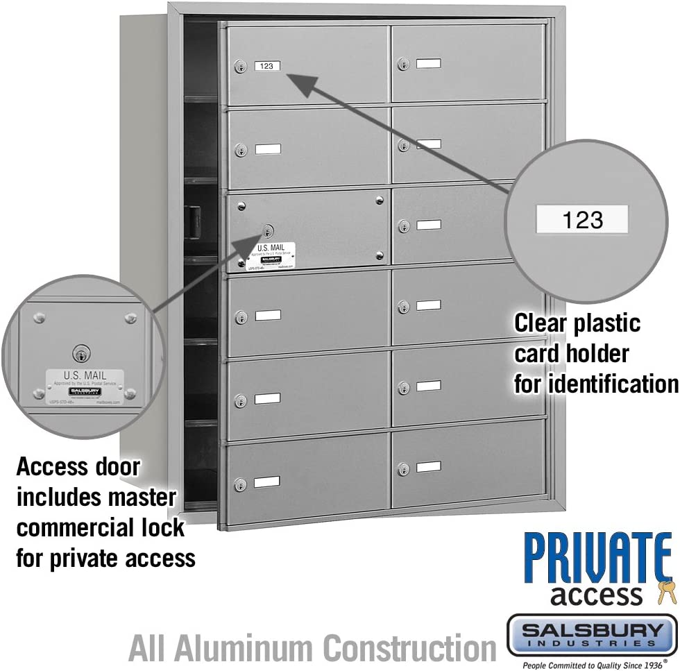 Salsbury Industries 3612AFP 4B Plus Horizontal Mailbox with Master Commercial Lock, 12 B Doors 11 Usable, Front Loading, Private Access, Aluminum