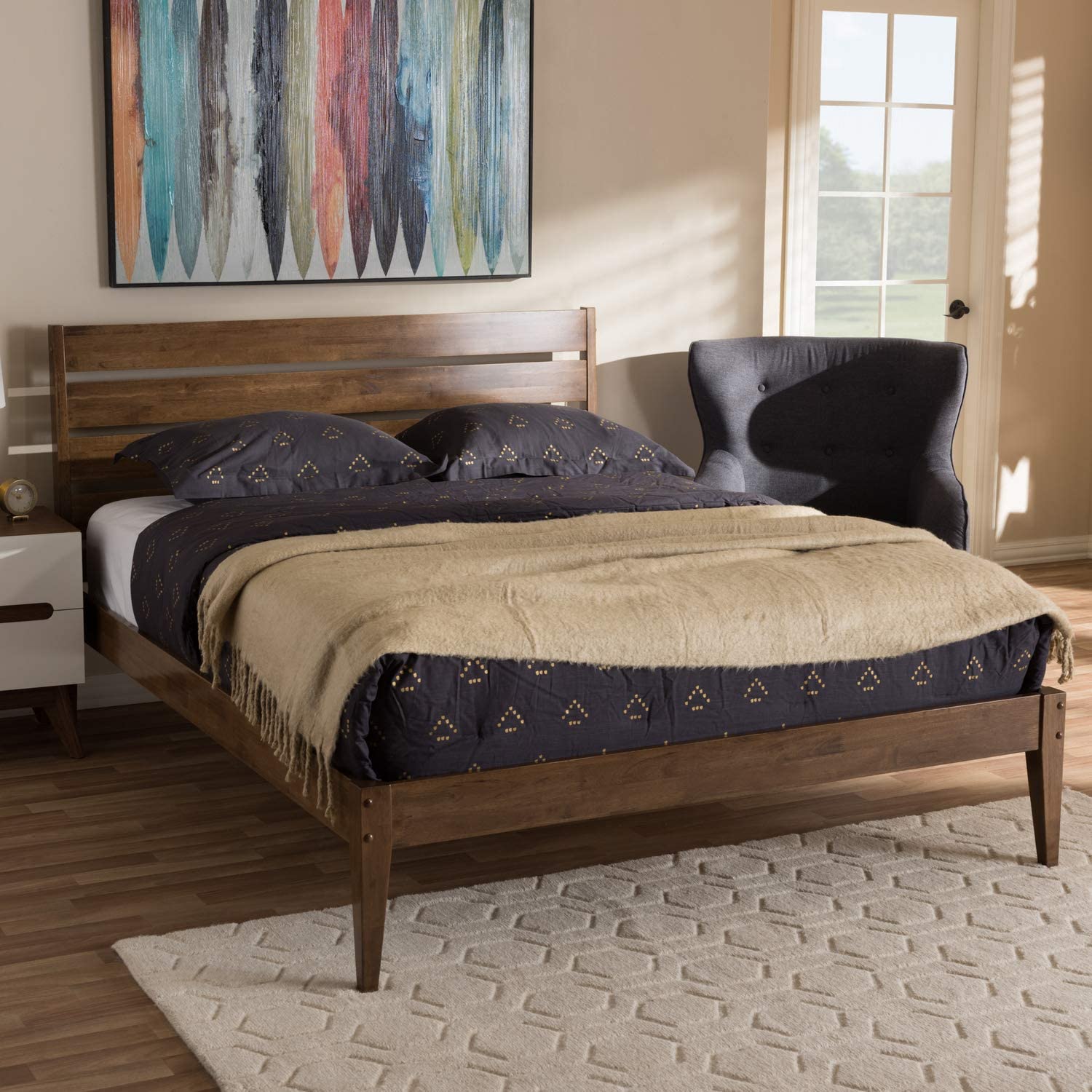 Baxton Studio Elmdon Mid-Century Modern Solid Walnut Wood Slatted Headboard Style Full Size Platform Bed/Mid-Century/Walnut Brown/Rubber Wood/Hardwood/LVL/Poplar