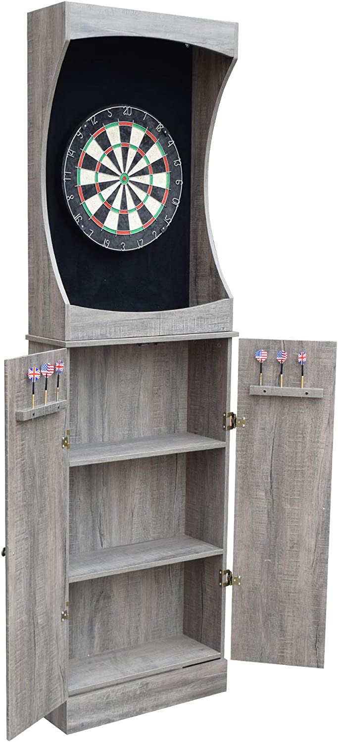 Hathaway Westwood Free-Standing Set-Includes 18, Steel-Tip Darts-Perfect for Family Game Rooms, Basements, Home Bars Dartboard Cabinet, Driftwood