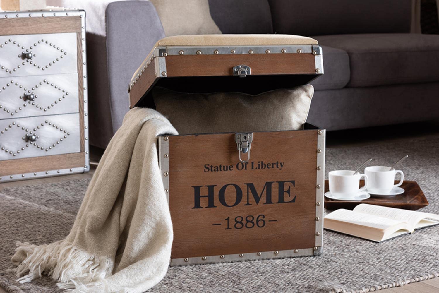 Baxton Studio Violetta Vintage Industrial Beige Fabric Upholstered Wood Storage Trunk Ottoman