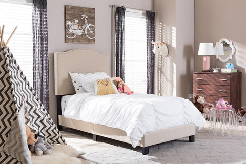 Baxton Studio Benjamin Modern and Contemporary Upholstered Arched Platform Bed with Nail Heads Beige
