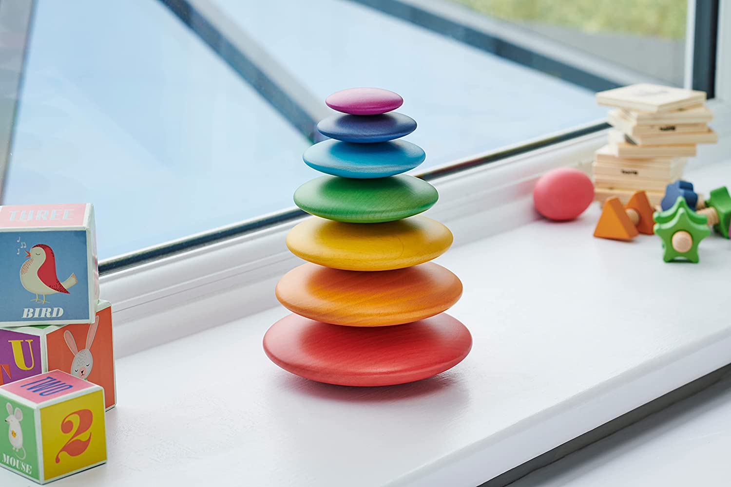 TickiT Rainbow Buttons - Set of 7 - Wooden Stacking Stones for Babies and Toddlers Aged 0+ - Natural Toy for Early Development and Open-Ended Play