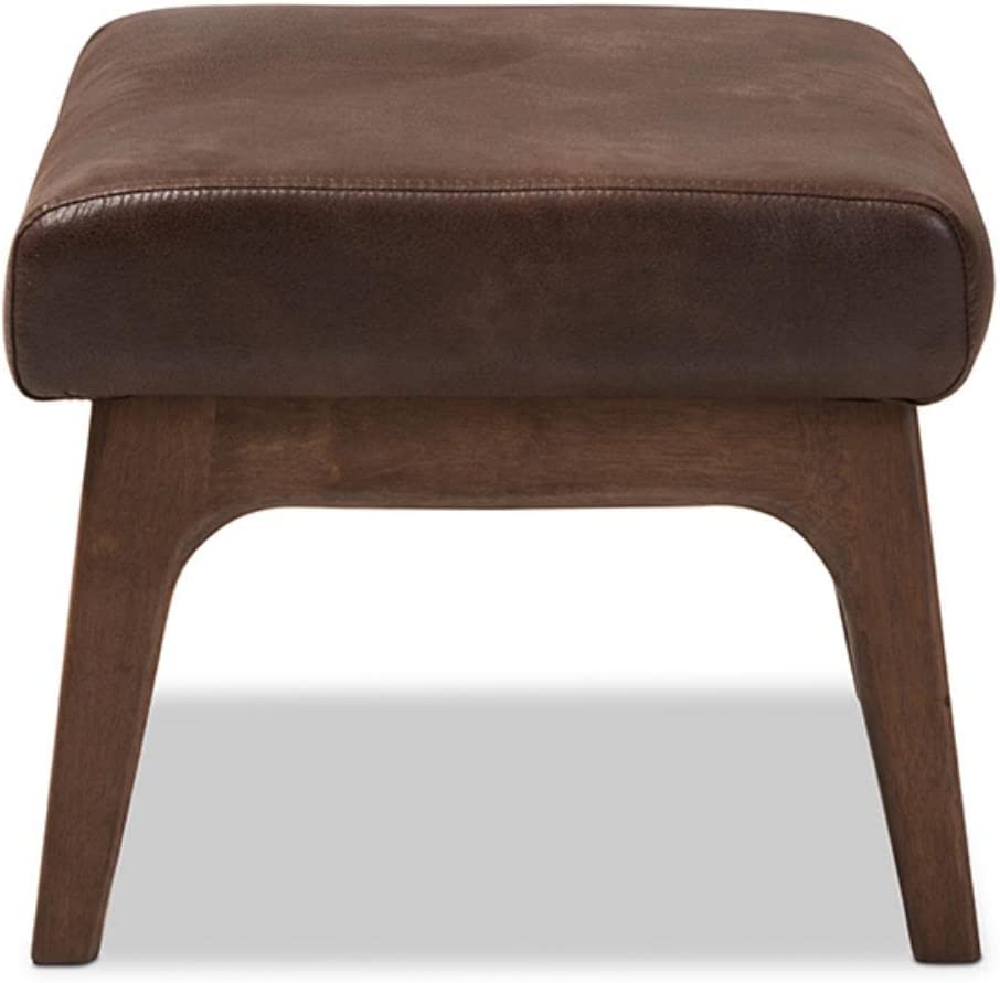 Baxton Studio Bianca Mid-Century Modern Walnut Wood Dark Brown Distressed Faux Leather Ottoman