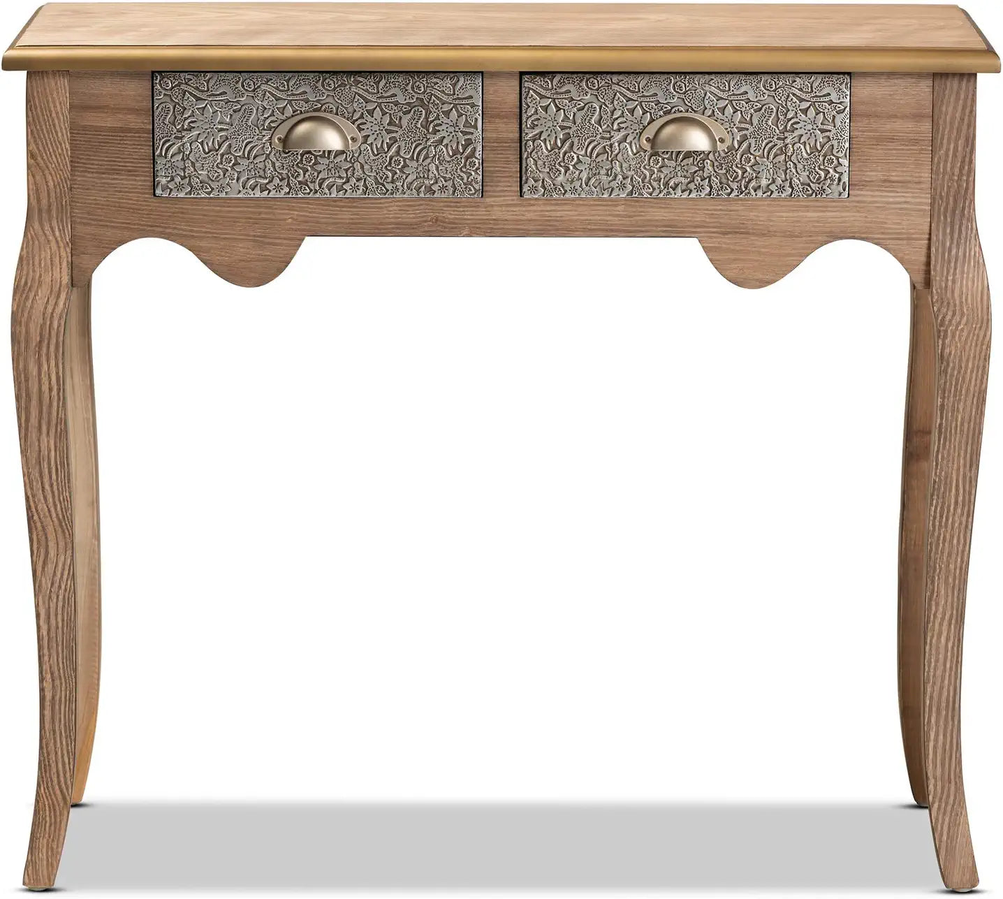 Baxton Studio Clarice French Provincial Natural Brown Finished Wood and Metal 2-Drawer Console Table