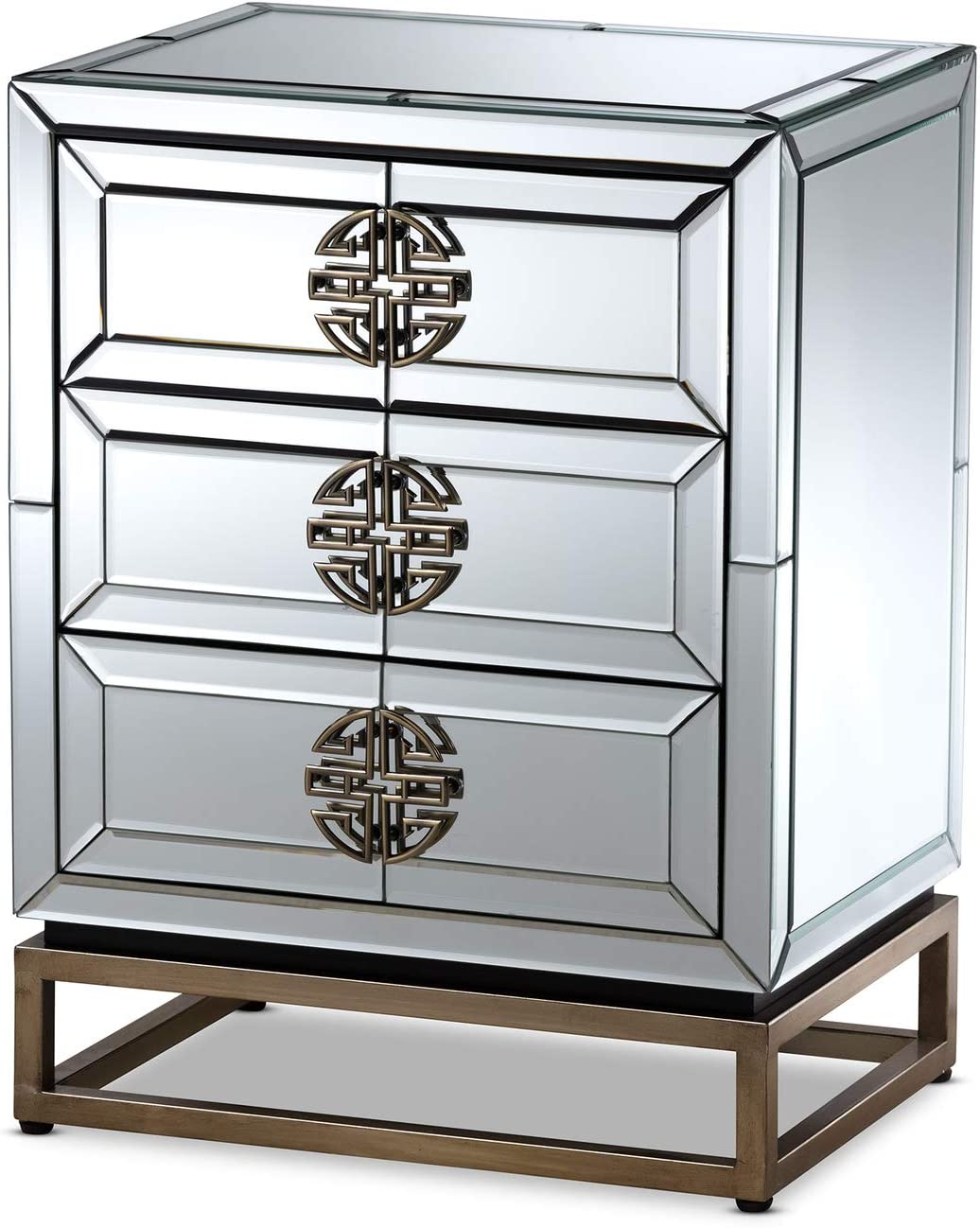 Baxton Studio Laken Contemporary Glam and Luxe Mirrored and Antique Bronze Finished 3-Drawer Nightstand