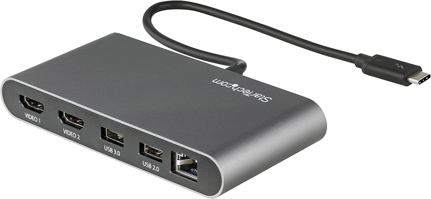 StarTech.com Thunderbolt 3 Mini Dock - Portable Dual Monitor Docking Station w/HDMI 4K 60Hz, 2X USB-A Hub (3.0/2.0), GbE - 11in/28cm Cable - TB3 Multiport Adapter - Mac/Windows (TB3DKMHDL)