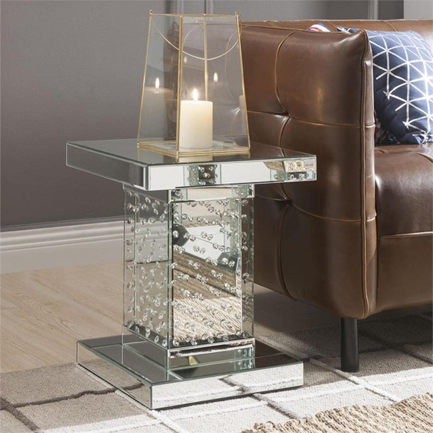 ACME Furniture End Table, Mirrored and Faux Crystals