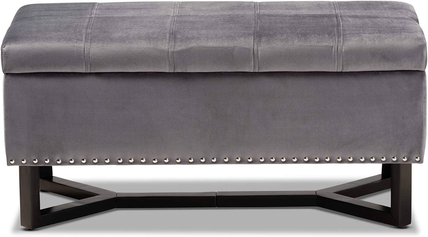 Baxton Studio Esther Modern and Contemporary Grey Velvet Fabric Upholstered and Dark Brown Finished Wood Storage Ottoman
