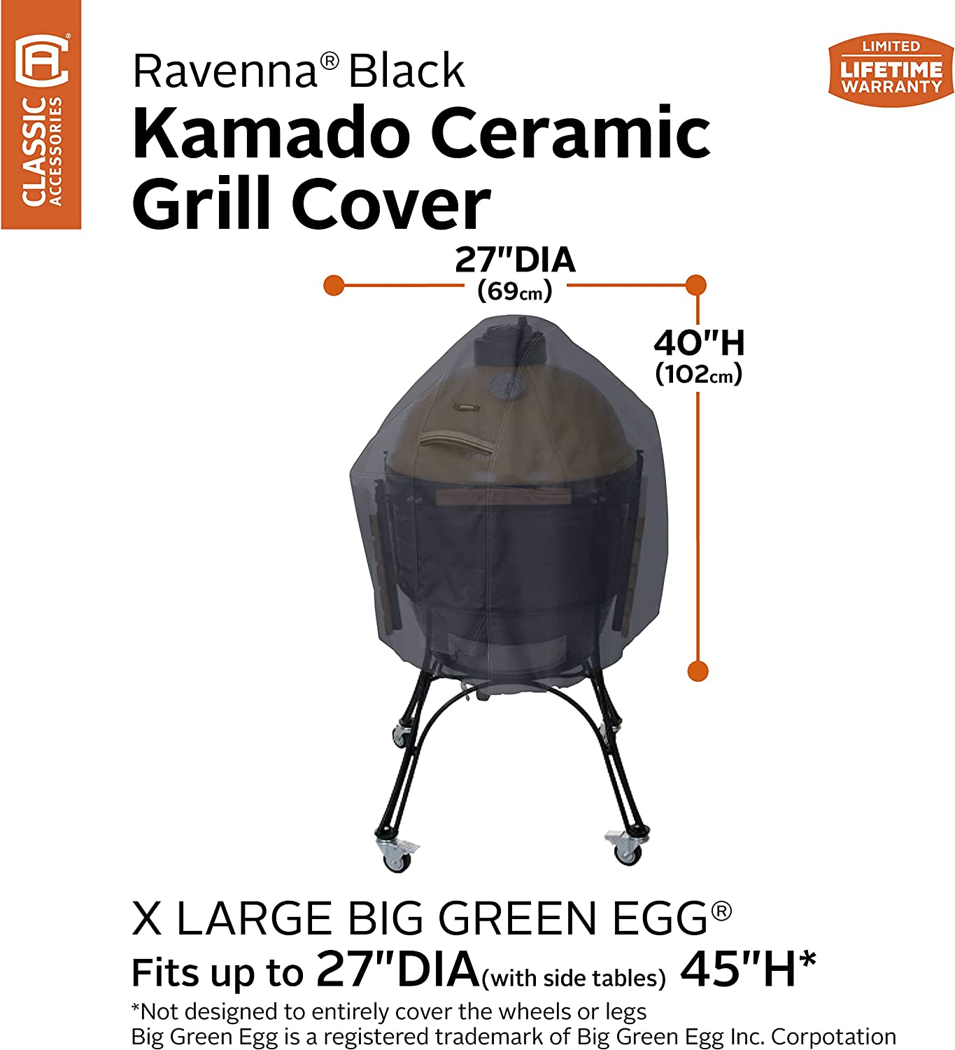 Classic Accessories Ravenna Water-Resistant 27 Inch Kamado Ceramic BBQ Grill Cover, Black