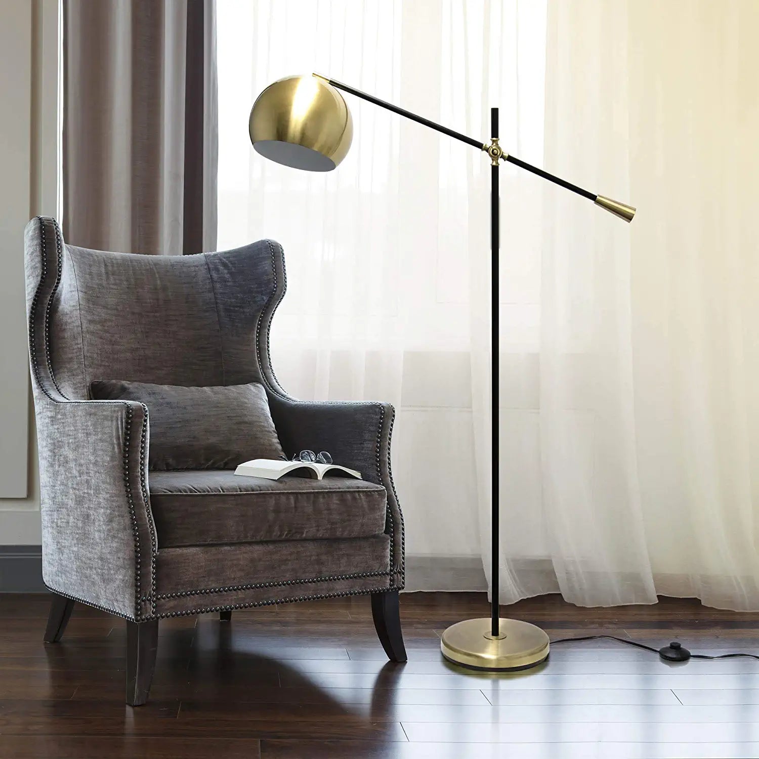 Lalia Home Decorative Black Matte Swivel Floor Lamp with Inner White Dome Shade, Antique Brass