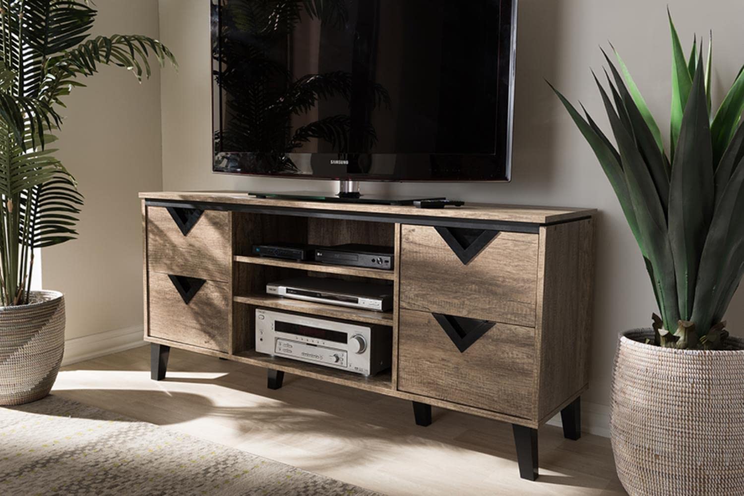 Baxton Studio Beacon TV Stand Contemporary/Light Brown/Particle Board with PU Paper/Plastic (Handles and Legs)/