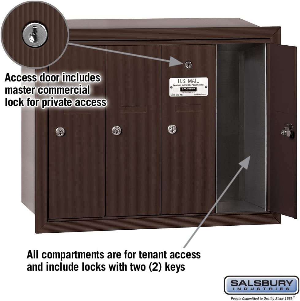 Salsbury Industries 3504ZRP Recessed Mounted Vertical Mailbox with Master Commercial Lock, Private Access and 4 Doors, Bronze