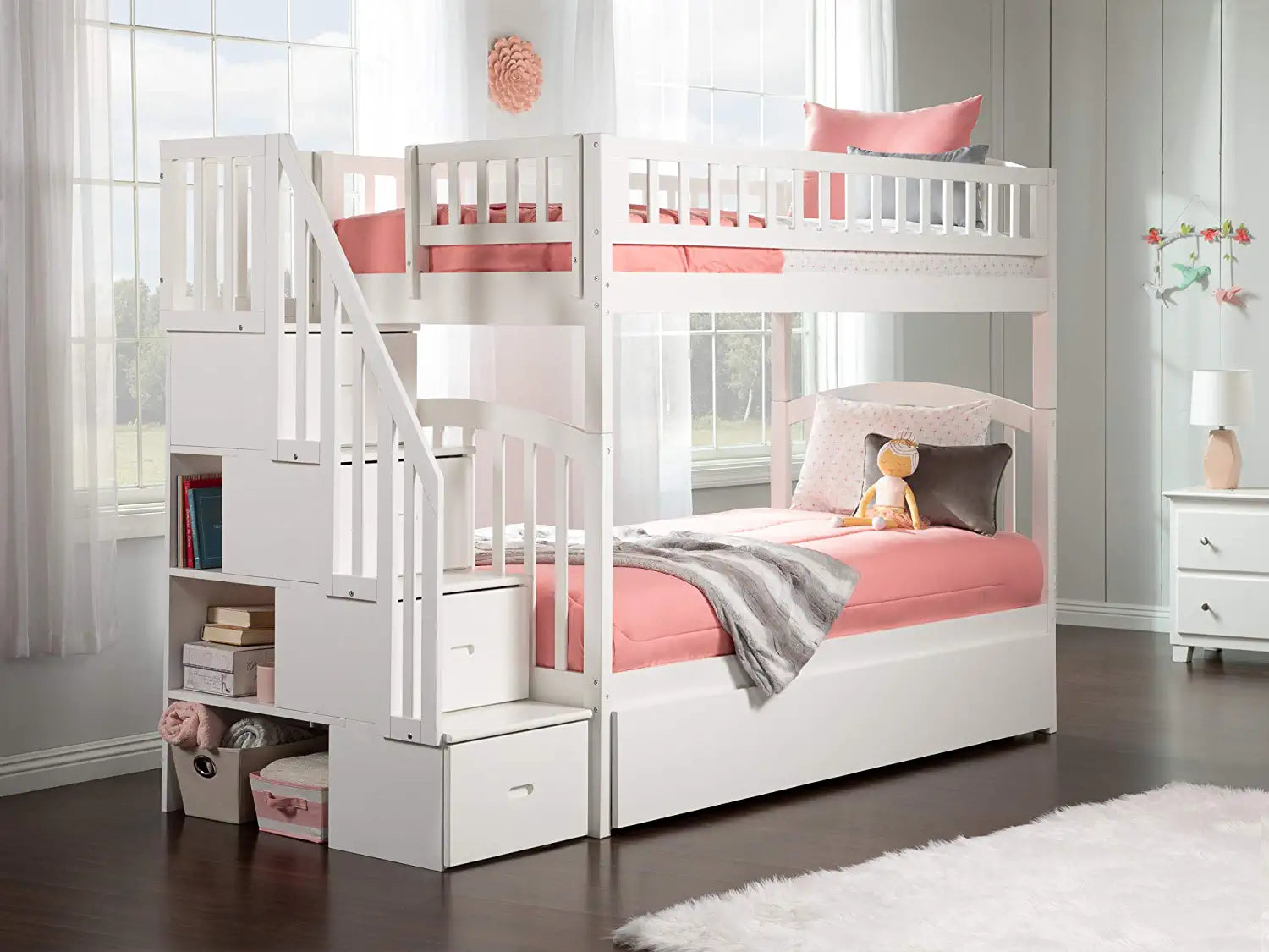 Westbrook Staircase Bunk Twin over Twin with Turbo Charger and Twin Size Urban Trundle in White