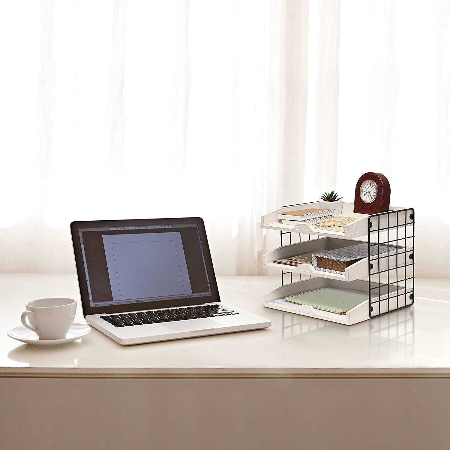 Elegant Designs Home Office Wood Desk Organizer Mail Letter Tray with 3 Shelves File-Boxes, White Wash,12.5x10.5x10.5