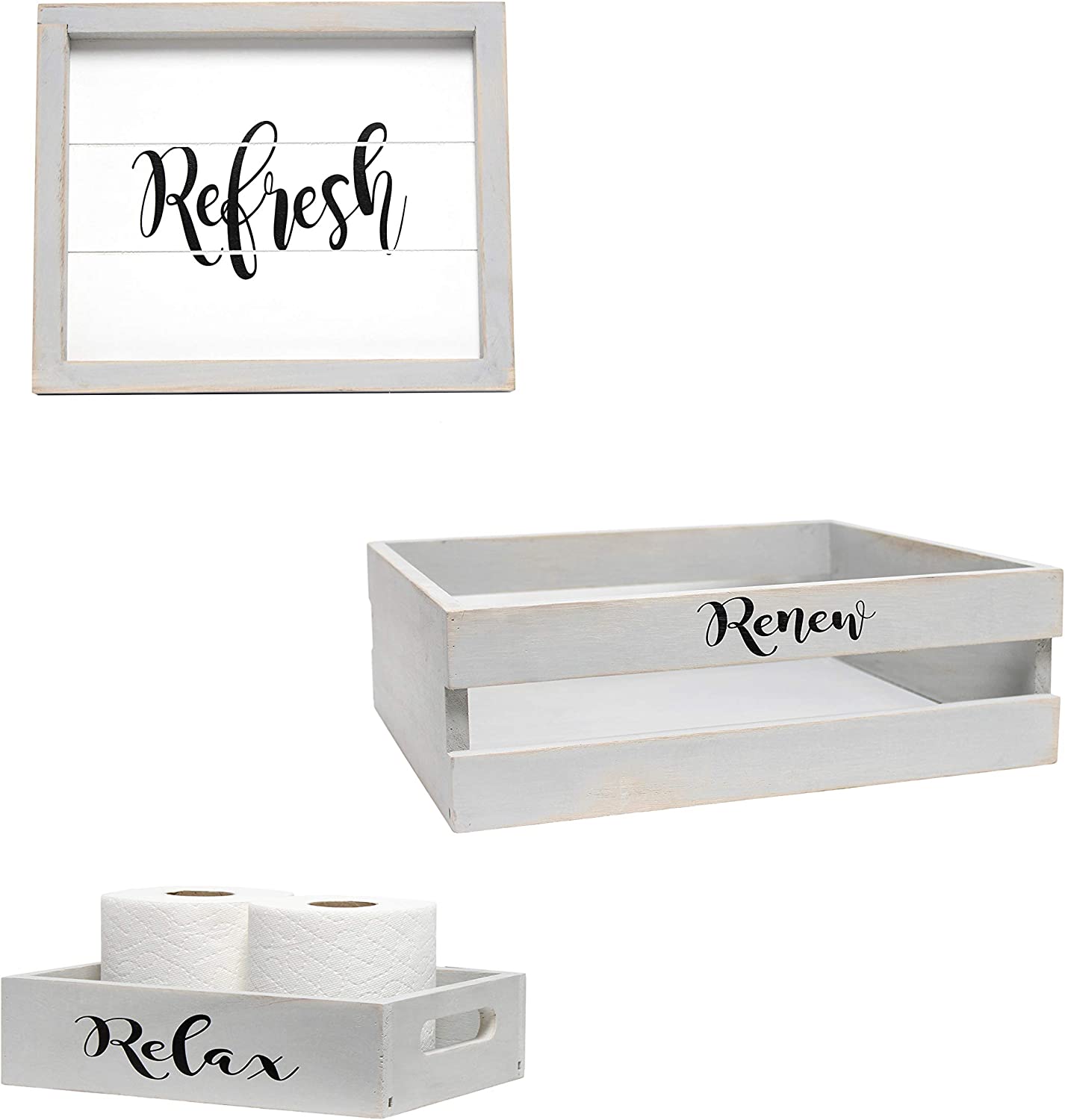 Elegant Designs HG3100-WBH Three Piece Decorative Wood Bathroom Set Towel Frame, 1 Toilet Paper Holder, Coastal/Beach/Small