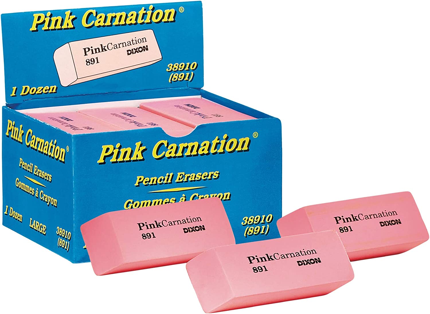 Dixon Pink Carnation Wedge Erasers, Large, Pink, 2.5&#34; x 1&#34;, 12-Pack (38910)