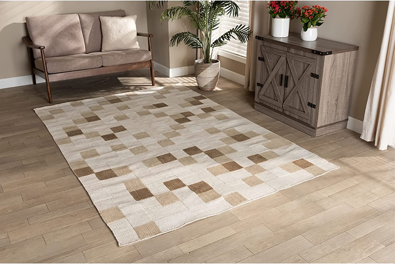 Baxton Studio Barbon Modern and Contemporary Ivory and Beige Handwoven PET Yarn Indoor and Outdoor Area Rug