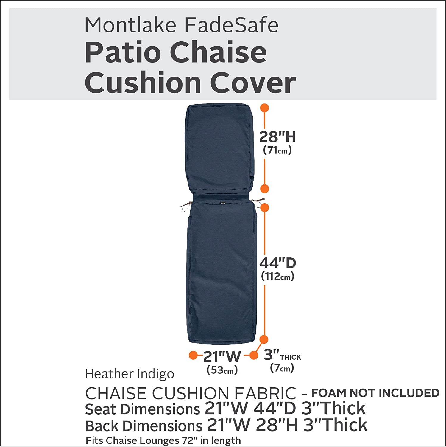 Classic Accessories Montlake Water-Resistant 72 x 21 x 3 Inch Outdoor Chaise Lounge Cushion Slip Cover, Patio Furniture Cushion Cover, Heather Indigo Blue, Patio Furniture Cushion Covers