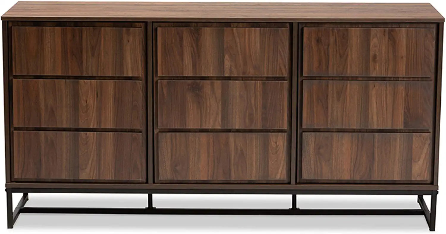 Baxton Studio Neil Modern and Contemporary Walnut Brown Finished Wood and Black Finished Metal 3-Door Dining Room Sideboard Buffet