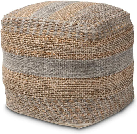 Baxton Studio Grange Moroccan Inspired Natural and Grey Handwoven Hemp Pouf Ottoman
