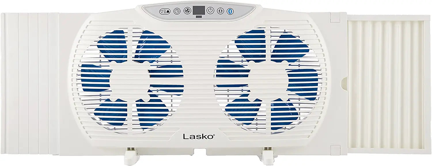 Lasko W09560 Bluetooth Enabled Twin 9-Inch Window Fan with Independent Electrically Reversible Intake &amp; Exhaust Motors with Thermostat and Timer for Bedroom Indoor Home Use, White