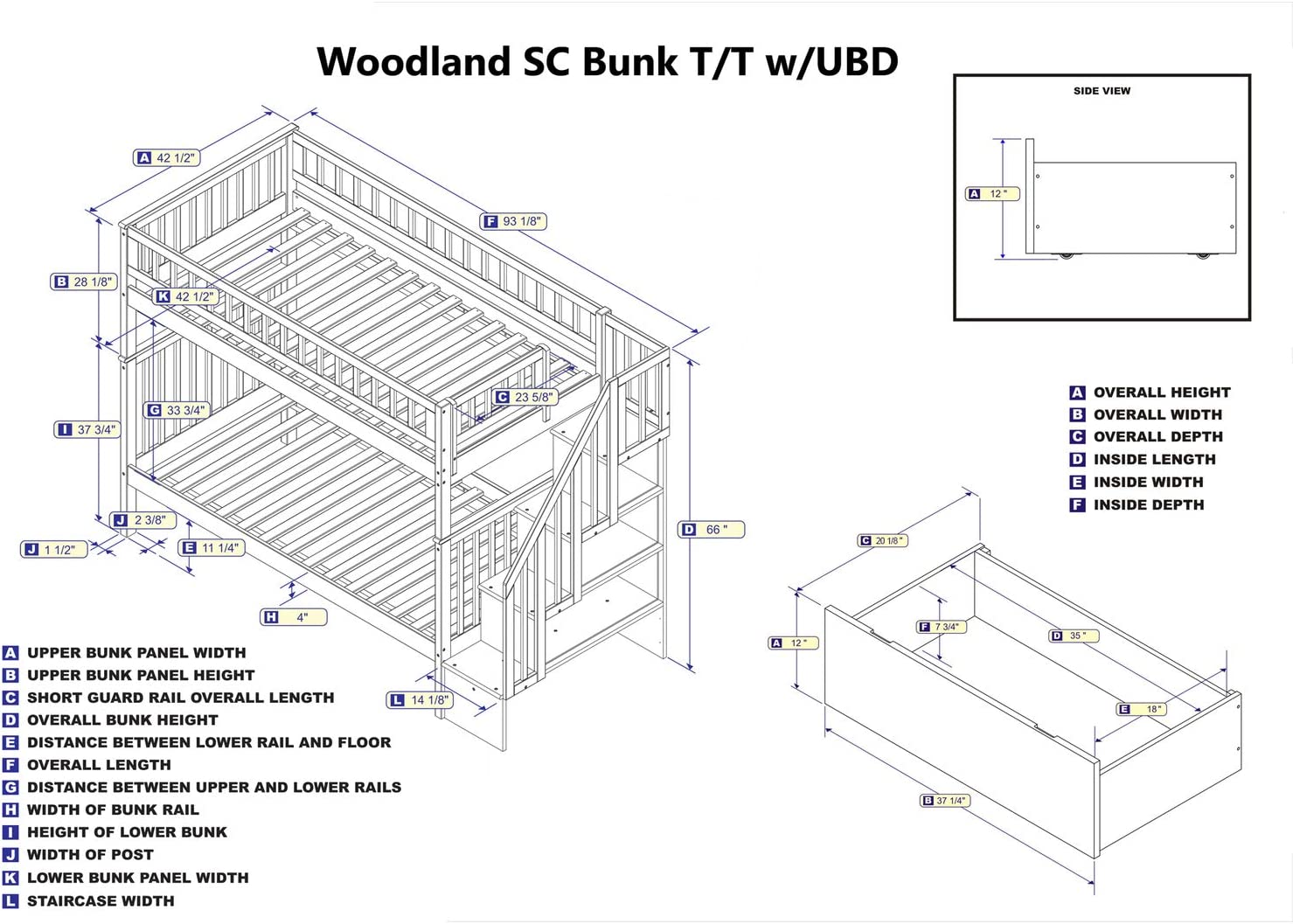 Atlantic Furniture Woodland Staircase Bunk Bed Twin Over Full with Twin Size Urban Trundle Bed in Grey