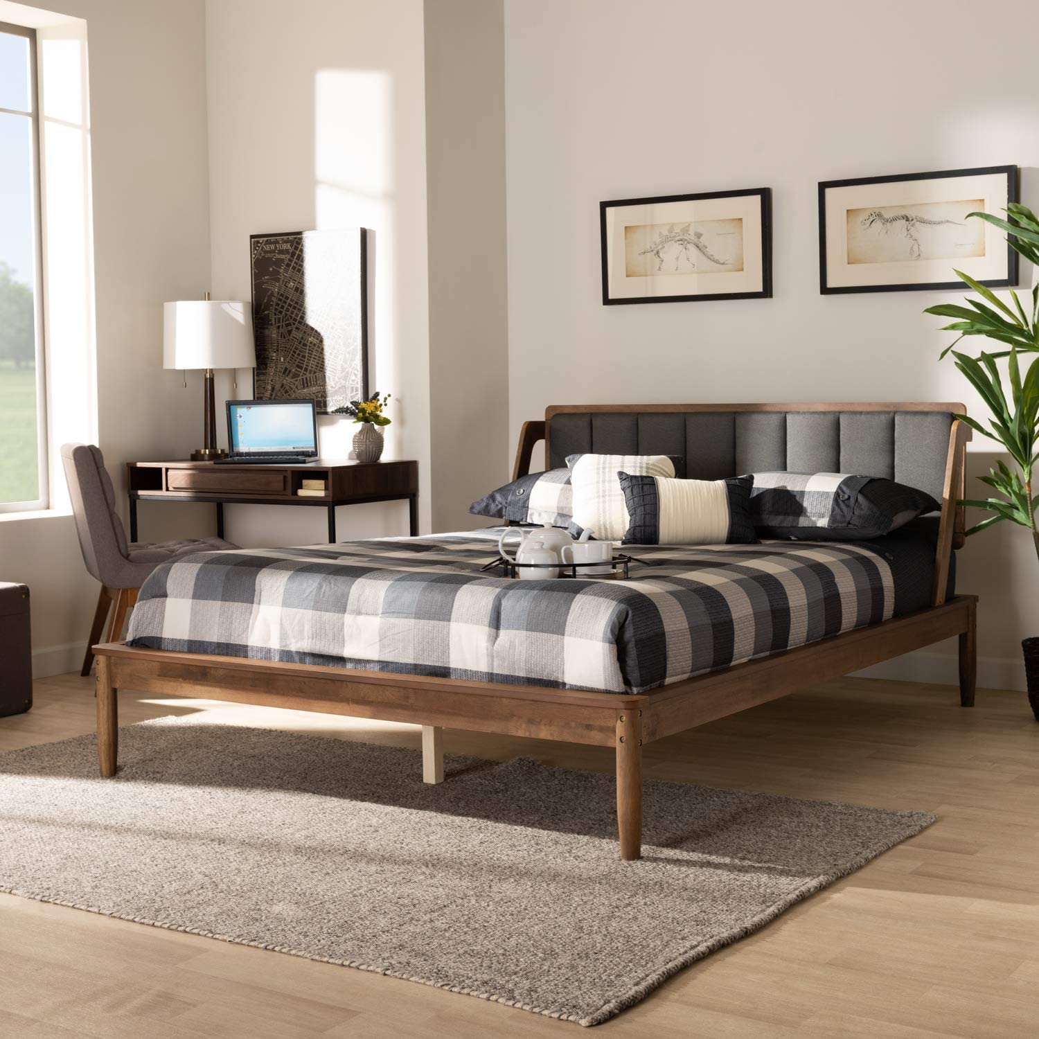 Baxton Studio Helsa Grey Fabric Upholstered and Walnut Finished Queen Size Bed