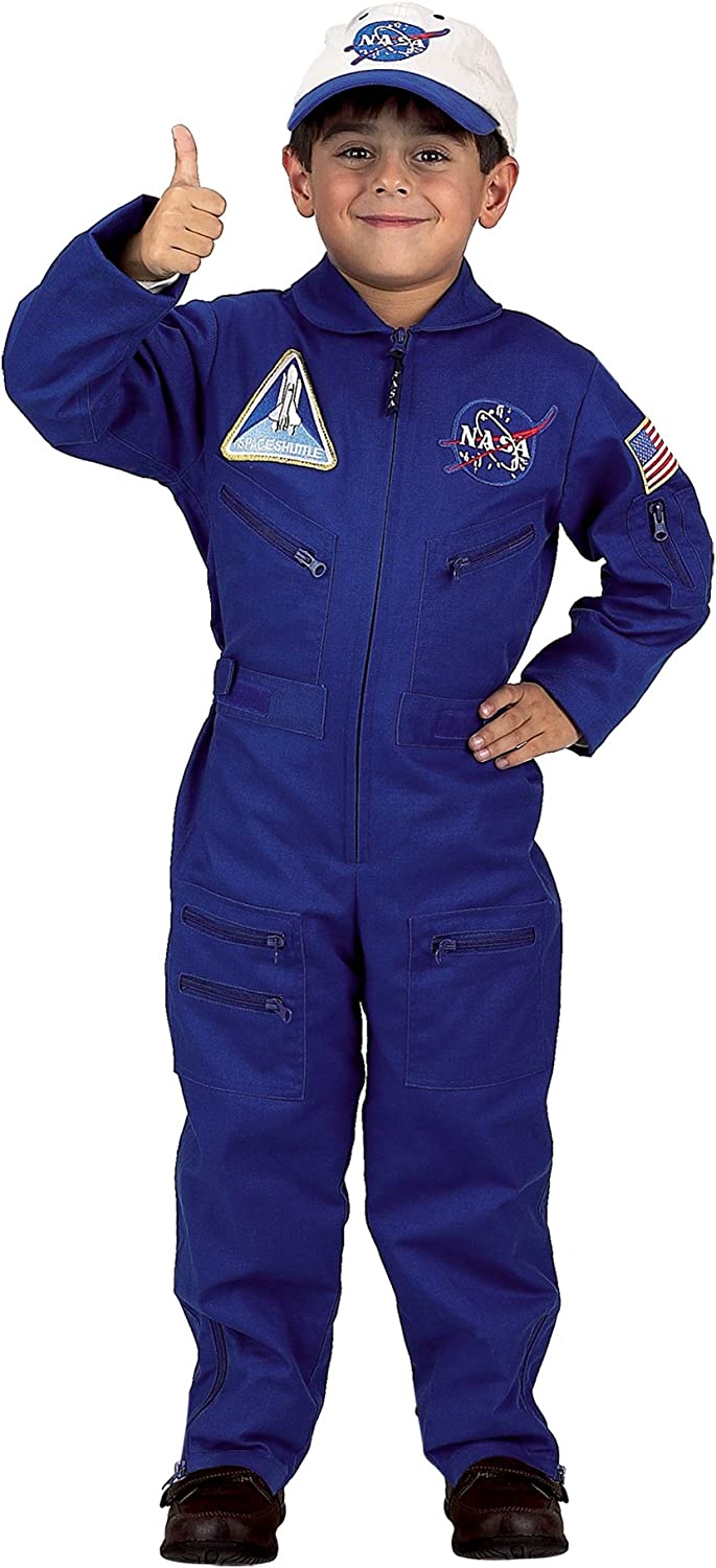 Aeromax Jr. NASA Flight Suit, Blue, with Embroidered Cap and official looking patches, size 4/6.
