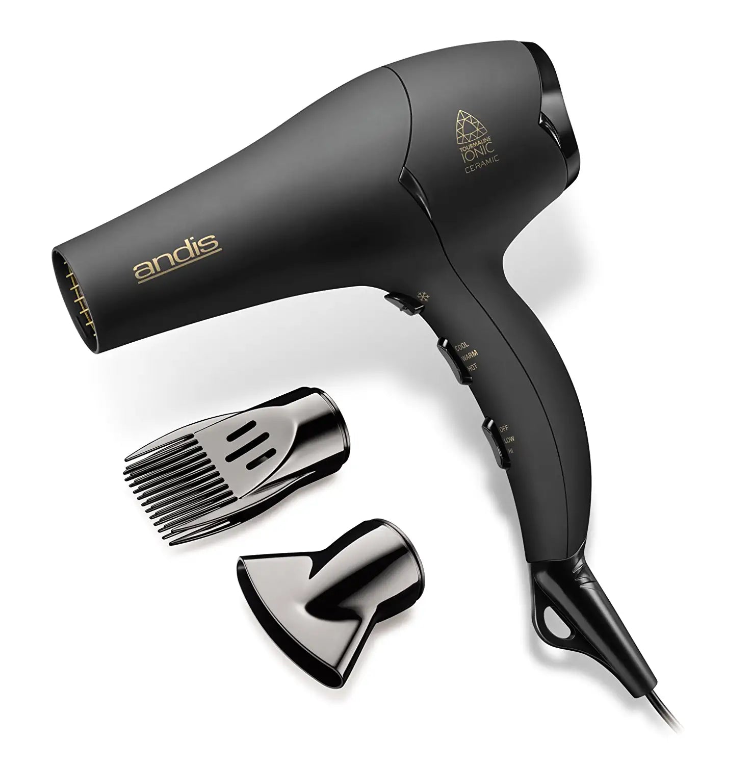 Andis 80480 1875-Watt Tourmaline Ceramic Ionic Salon Hair Dryer with Diffuser, Fast Dry Low Noise Blow Dryer, Travel Hairdryer for Normal &amp; Curly Hair, Soft Grip, Black