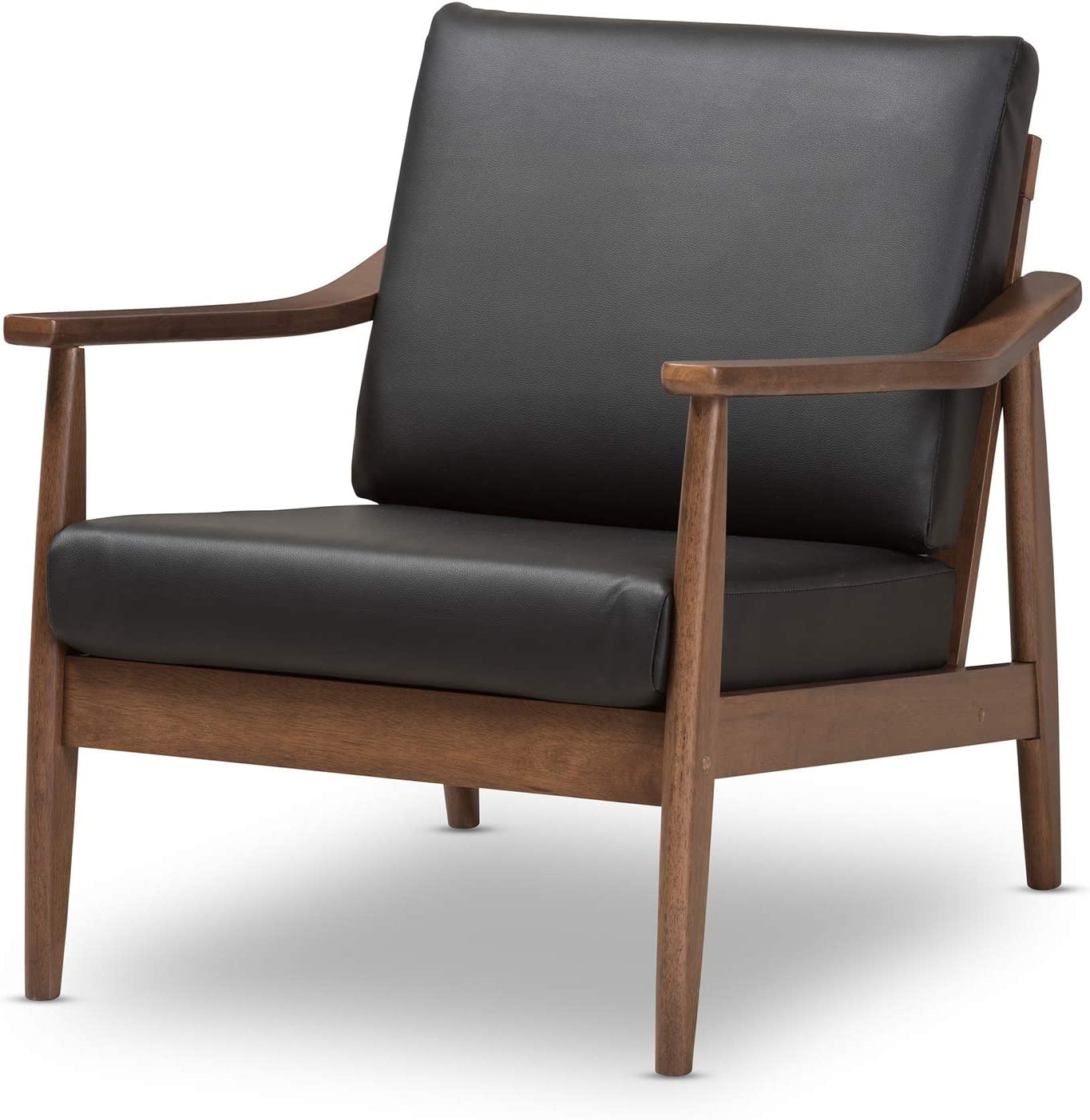 Baxton Studio Venza Mid-Century Modern Walnut Wood Black Faux Leather Lounge Chair/Mid-Century/Black/Walnut Brown/Faux Leather/Rubber Wood