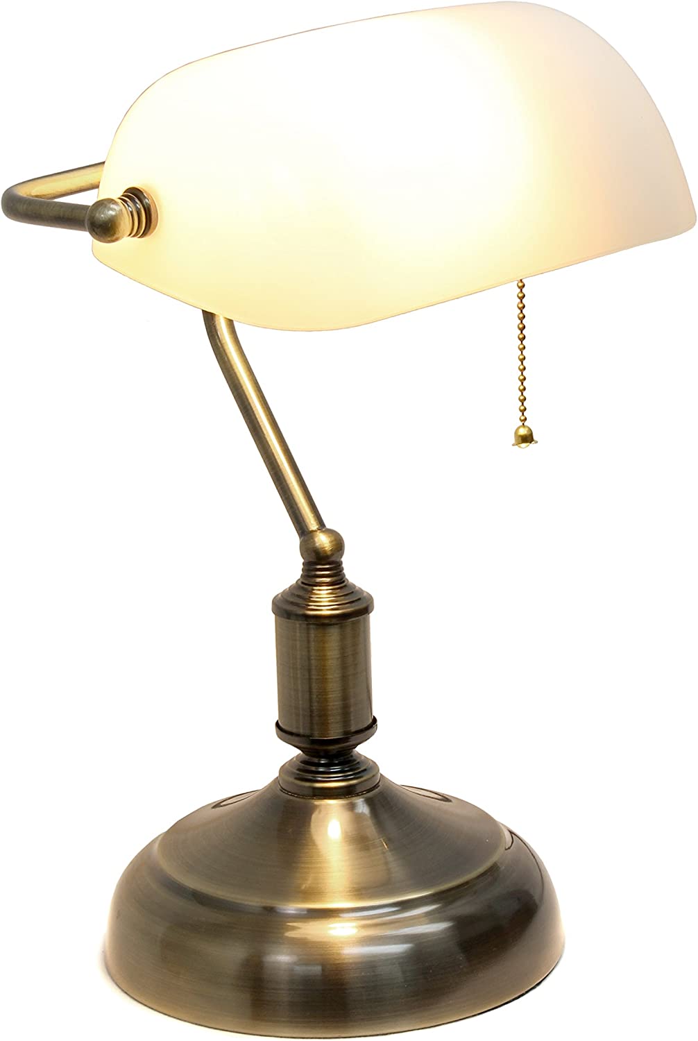 Simple Designs LT3216-WHT Executive Banker's Glass Shade, Desk Lamp, Antique Nickel/White