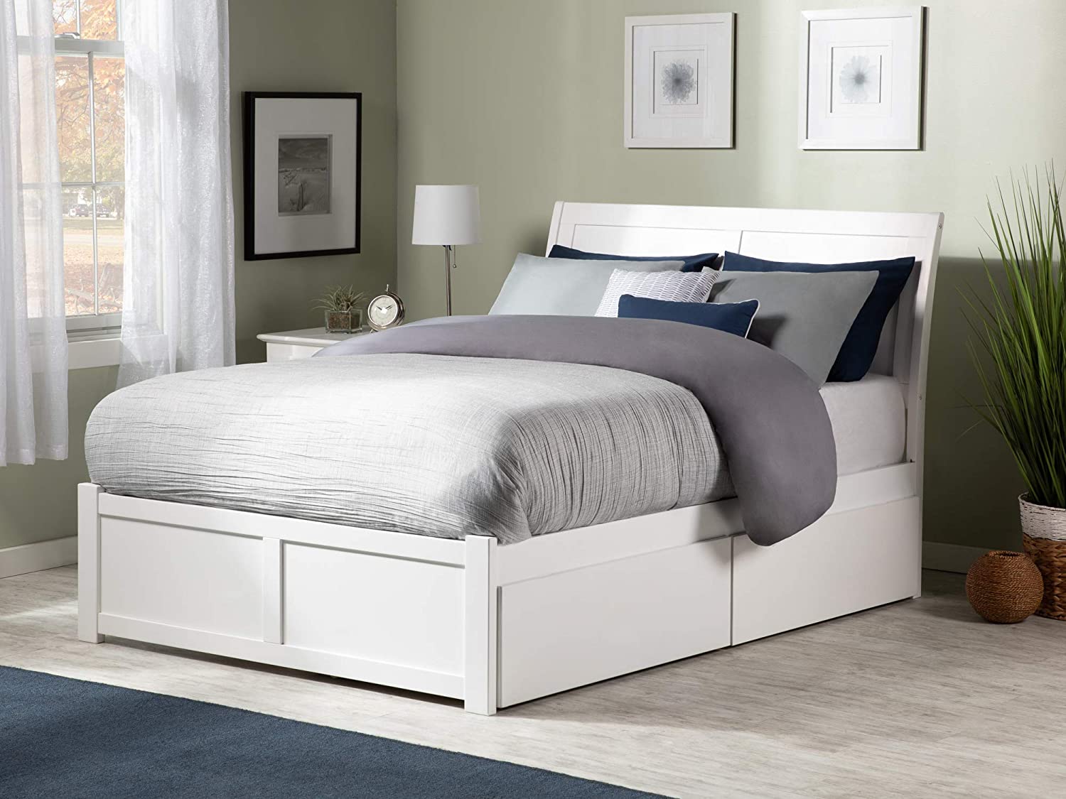 Portland Full Platform Bed with Flat Panel Footboard and Turbo Charger with Urban Bed Drawers in White