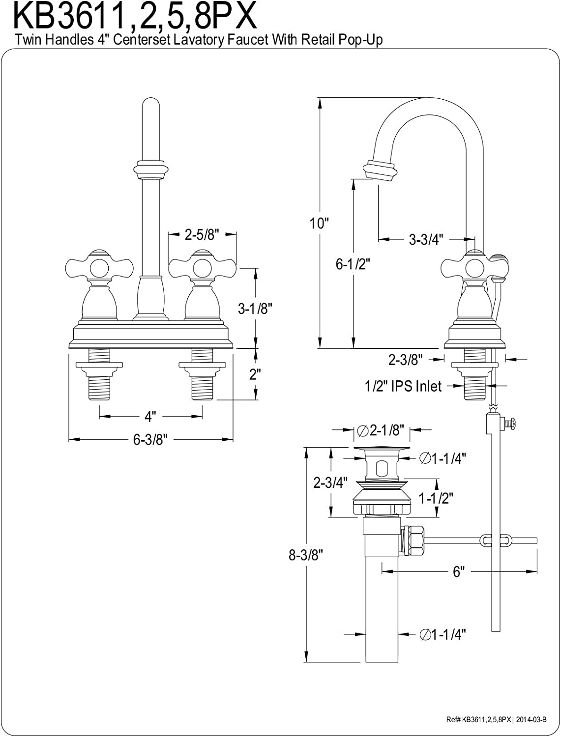 Kingston Brass KB3611PX Restoration Deck Mount Lavatory Faucet with Retail Pop-Up, Polished Chrome