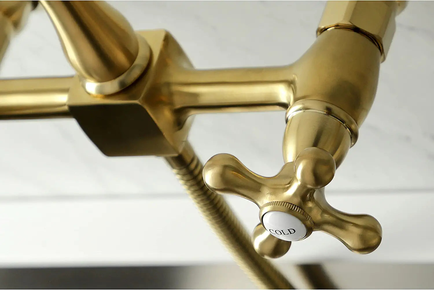 Kingston Brass KS1267AXBS Heritage 8-Inch Centerset Wall Mount Kitchen Faucet with Brass Sprayer, Brushed Brass