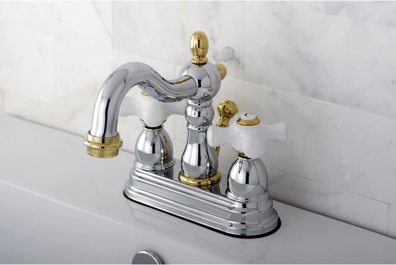 Kingston Brass KB1604PX Heritage 4-Inch Centerset Lavatory Faucet with Porcelain Cross Handle, Polished Chrome and Polished Brass