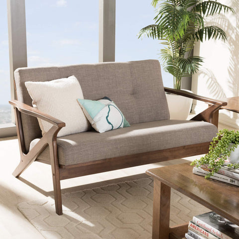 Baxton Studio Bianca Mid-Century Modern Walnut Wood Light Grey Fabric Tufted 2-Seater Loveseat/Mid-Century/Fabric Polyester 100%&#34;/Rubber Wood/Light Grey/Walnut Brown