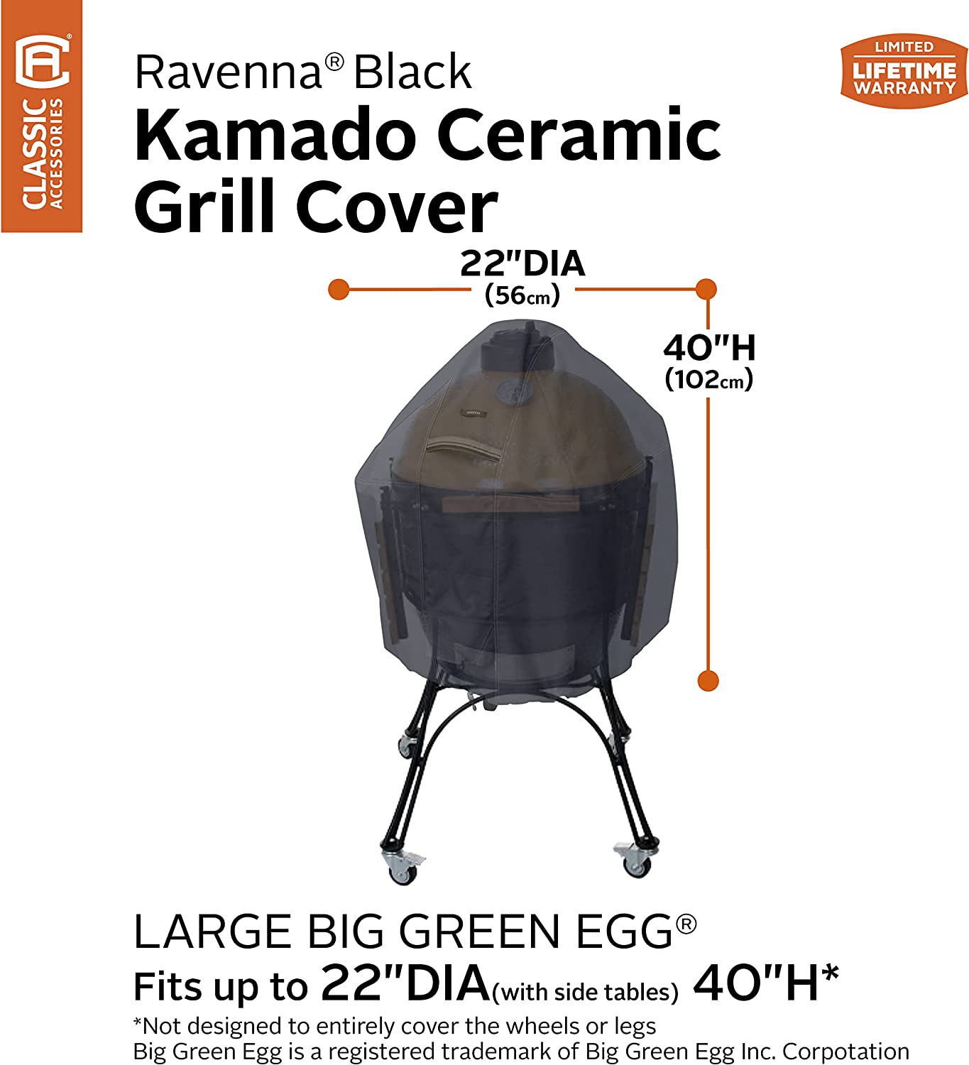 Classic Accessories Ravenna Water-Resistant 22 Inch Kamado Ceramic BBQ Grill Cover, Black